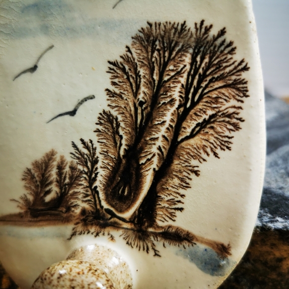 Vintage Irregular Oval Art Pottery Wall Hook with Trees and Birds in Flight - Picture 6 of 13